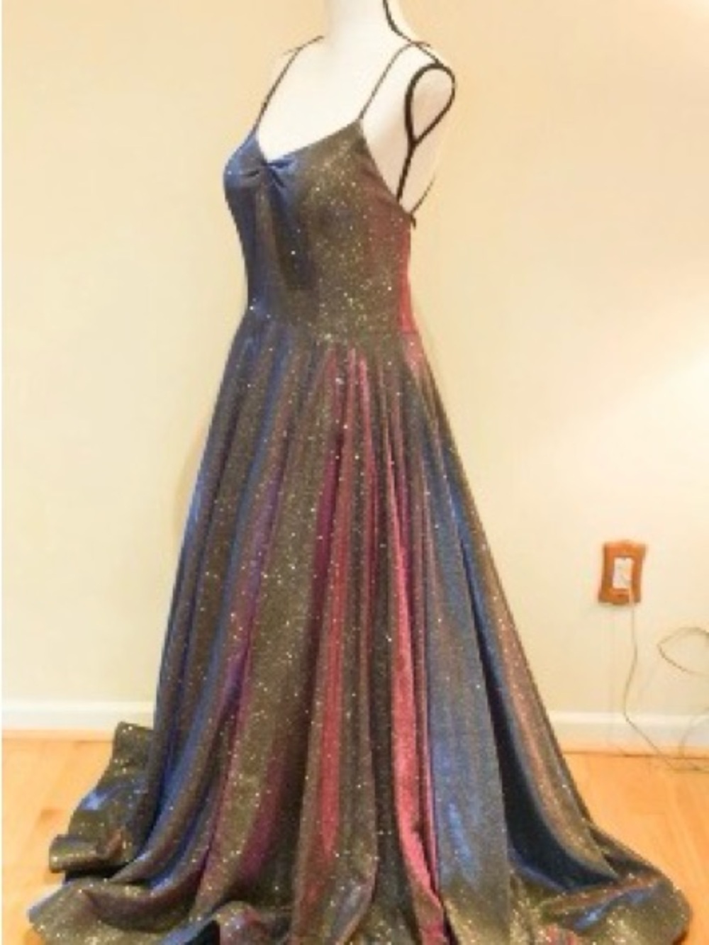 Night Studio Iridescent Spaghetti-Strap Prom Gown in Pink & Purple